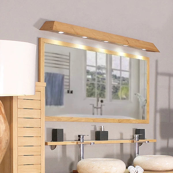 Barre lumineuse LED en teck de 60 à 150 cm pour salle de bain, avec 3 à 5 spots non fournis, pour un éclairage optimal et une mise en beauté pratique.