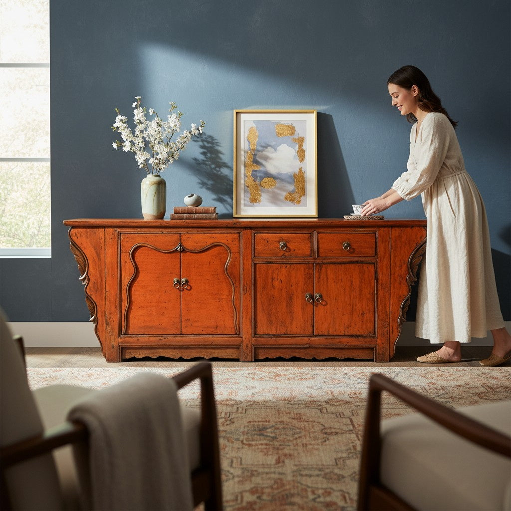 Mobilier chinois ancien sculpté et patiné orange