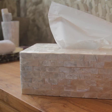 Découvrez ce trésor de mer, une boîte à kleenex en nacre unique et raffinée. Un objet d'art fonctionnel qui apportera une touche d'exotisme à votre salle de bain.