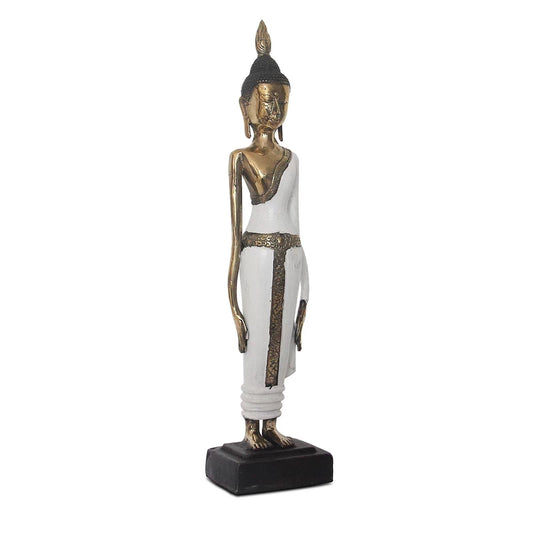 Élégante statue de Bouddha thaïlandais en laiton, finement ciselée et peinte en blanc, représentant le Bouddha en position de méditation profonde.