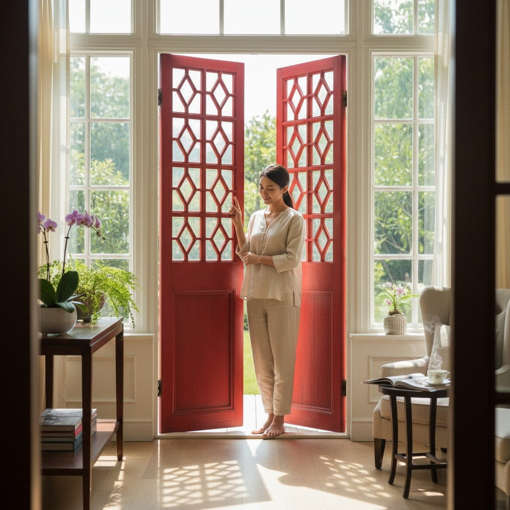 Double porte en pin et verre opaque – 128 × 5 × H247 cm