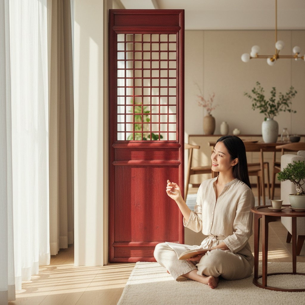 Panneau en bois laqué rouge – 58 × 6 × H198 cm