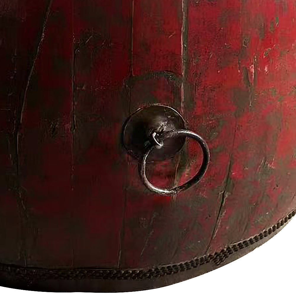 Grand tambour chinois traditionnel en bois laqué rouge à double peau, XIXe siècle, diamètre 113 cm – Galerie Rue de Siam