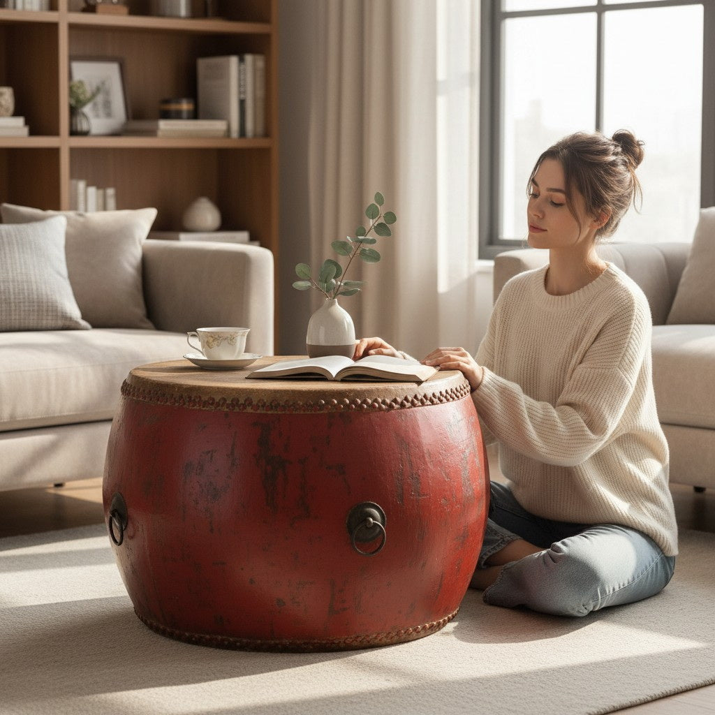 Grand tambour chinois traditionnel en bois laqué rouge à double peau, XIXe siècle, diamètre 113 cm – Galerie Rue de Siam