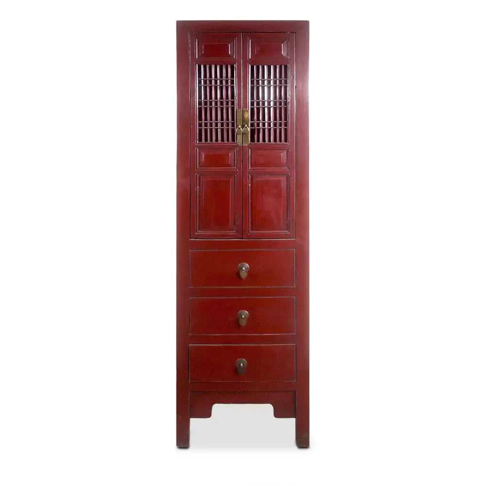 Armoire chinoise en orme. Design traditionnel. Laque rouge. 2 portes. 3 tiroirs. Shaanxi. Restaurée. Rangement optimisé.