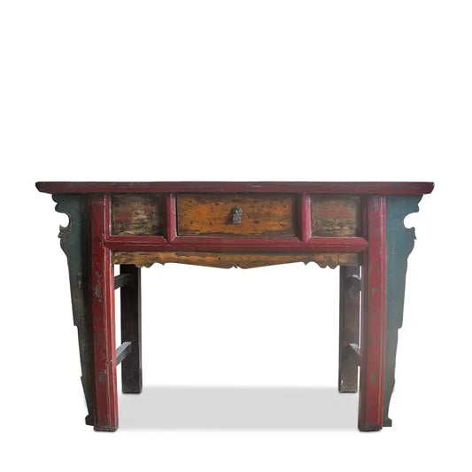 Meuble chinois ancien. Console de temple en orme massif. Patine d'origine. Tiroir fonctionnel. Parfaite pour un intérieur classique ou contemporain. Un voyage en Chine dans votre salon.