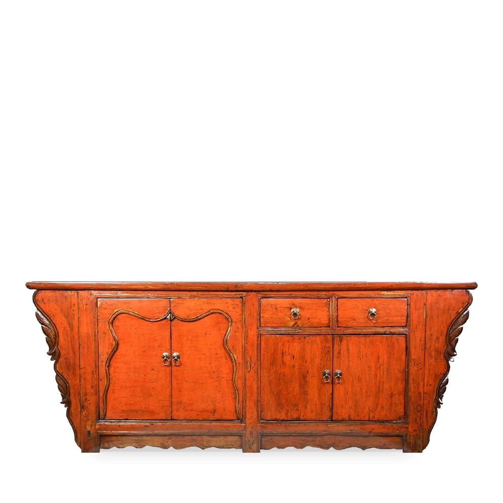 Buffet chinois ancien en orme laqué orange du Shanxi