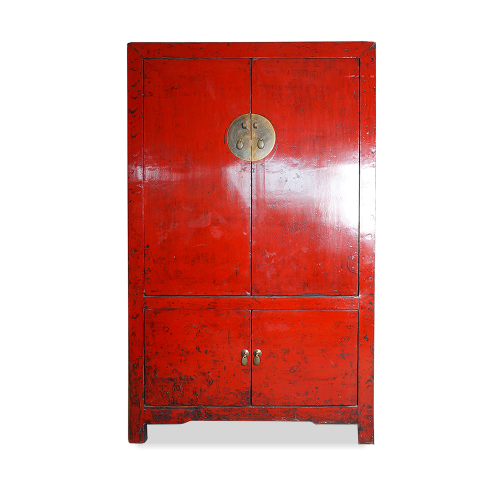 Armoire chinoise laquée rouge, armoire ancienne de mariage