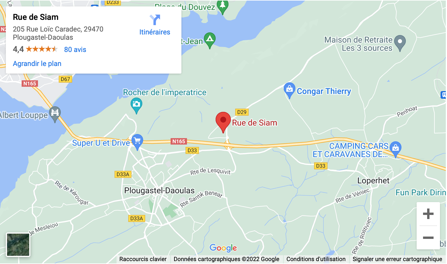 Carte Google situation du magasin Rue de Siam sur la commune de Plougastel (magasin de meubles à Brest)