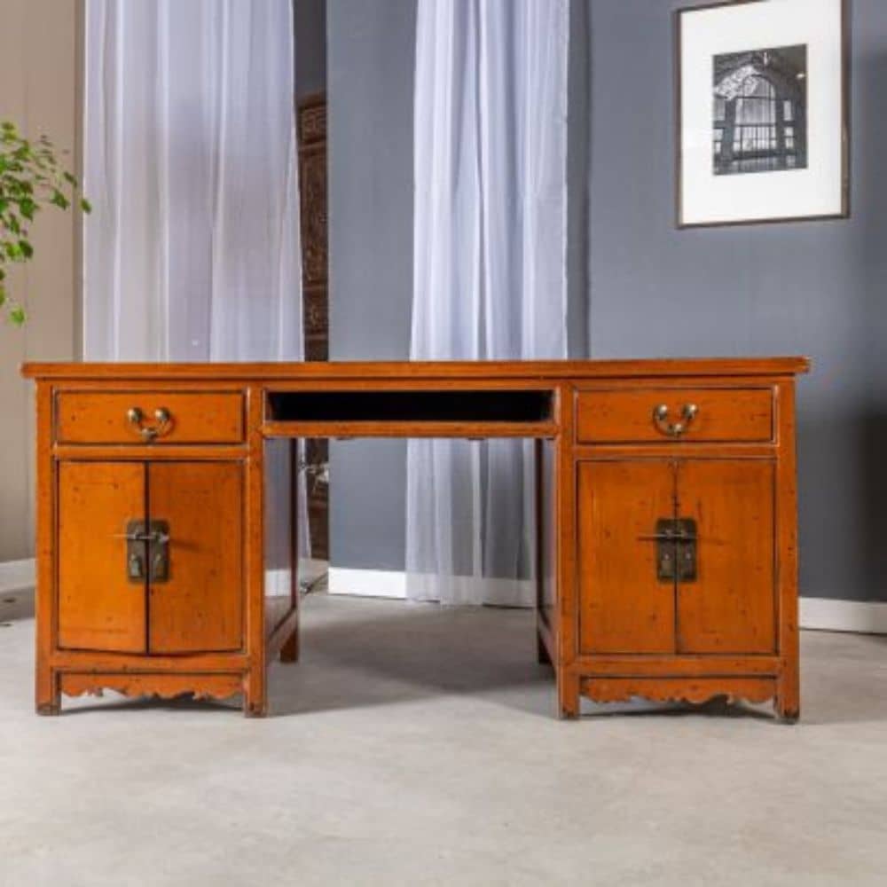 Bureau chinois laqué orange, meuble chinois ancien de bureau très spacieux