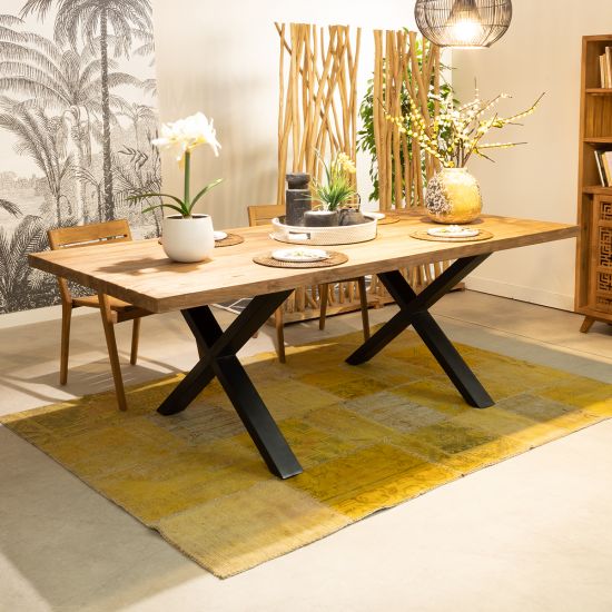 Table de salle à manger en bois, meuble en teck massif avec pied X en métal noir