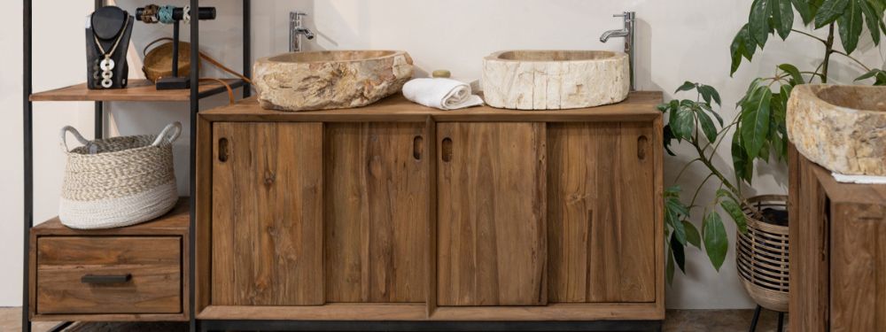 Meuble salle de bain teck recyclé 150 cm ETEL avec vasques en bois fossilisé